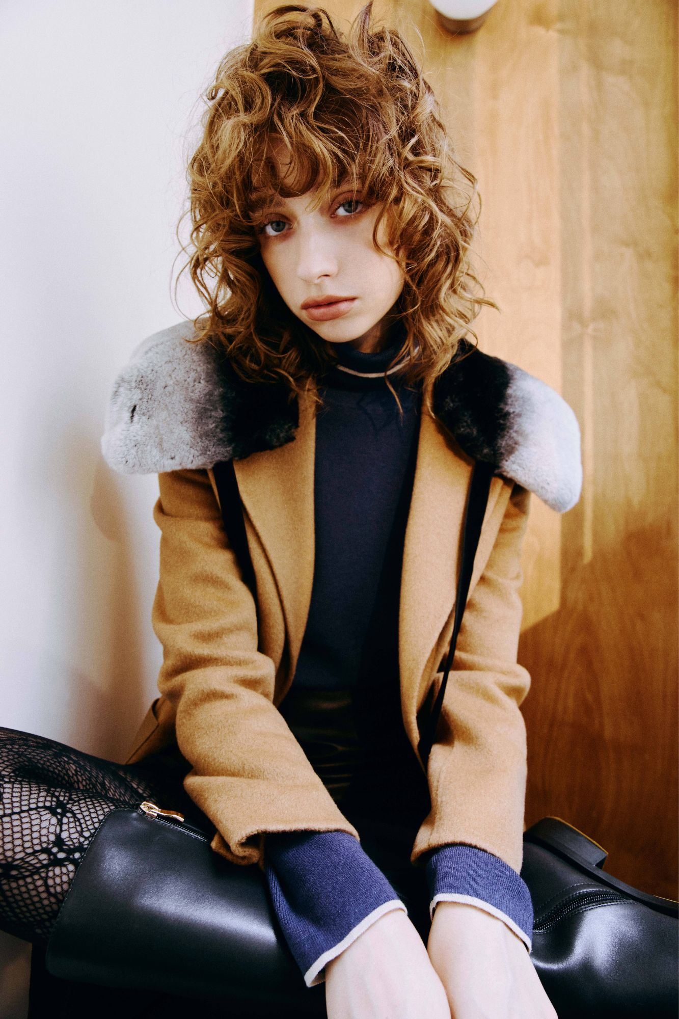 韓系街頭拼接真皮羊毛率性大衣